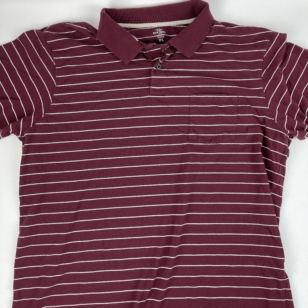 Old Navy Polo Mens XL Burgundy Red White Striped Pocket